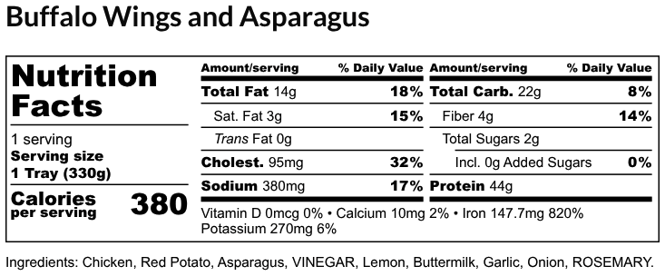 Nutritional Facts - Buffalo Wings and Asparagus 6oz